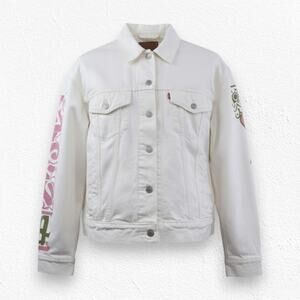 Levi’s White Denim Graffiti Graphic 90s Birthday Trucker Jacket Size Large NWT